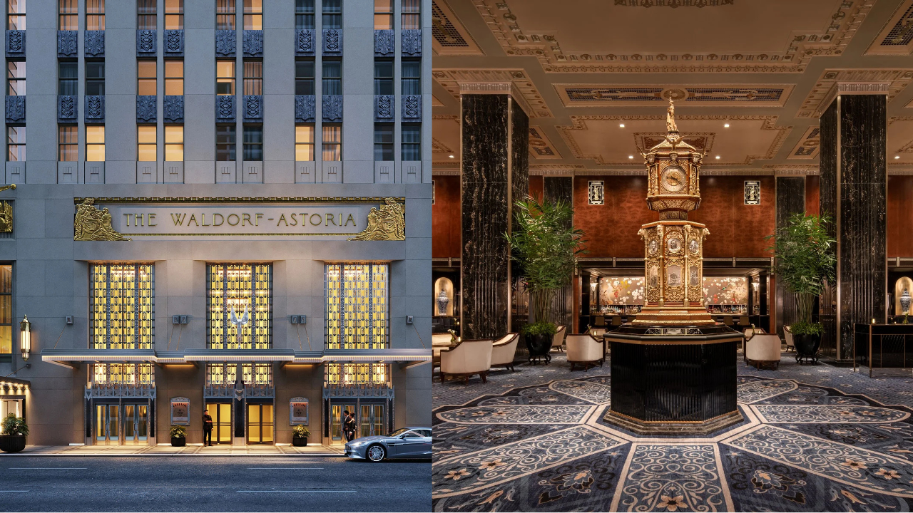 Vista combinada del Waldorf Astoria: la fachada clásica del hotel y su emblemático lobby con el reloj histórico en el centro.