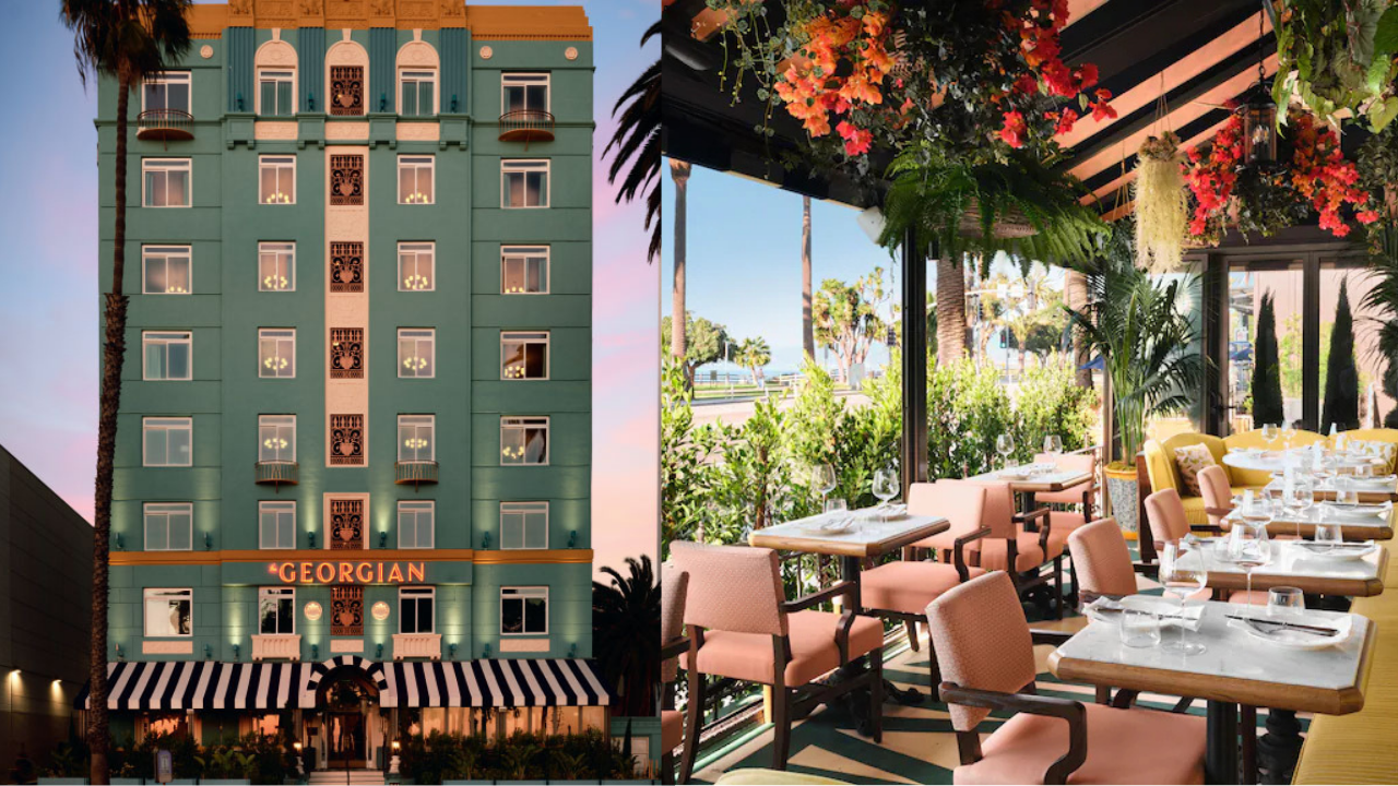 Vista combinada del Hotel Georgian: su fachada art déco en tonos verdes y un elegante restaurante con terraza rodeada de vegetación.
