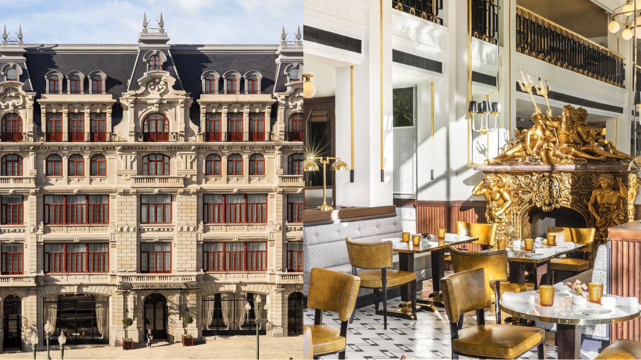 Fachada histórica de un hotel de estilo clásico europeo junto a un interior sofisticado con decoración dorada, esculturas ornamentales y mobiliario elegante.