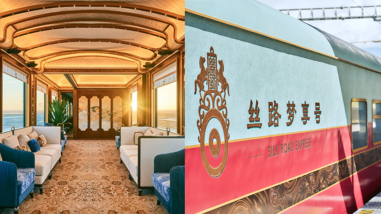 Interior de un vagón de tren de lujo con sofás tapizados y ventanales panorámicos, junto al exterior de un vagón del Silk Road Express con detalles ornamentales y tipografía oriental.