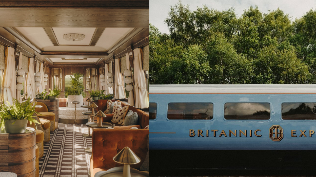 Salón interior de un vagón del Britannic Explorer con diseño contemporáneo, sofás tapizados, iluminación cálida y vegetación integrada, junto a la vista exterior del tren azul avanzando frente a un paisaje boscoso.