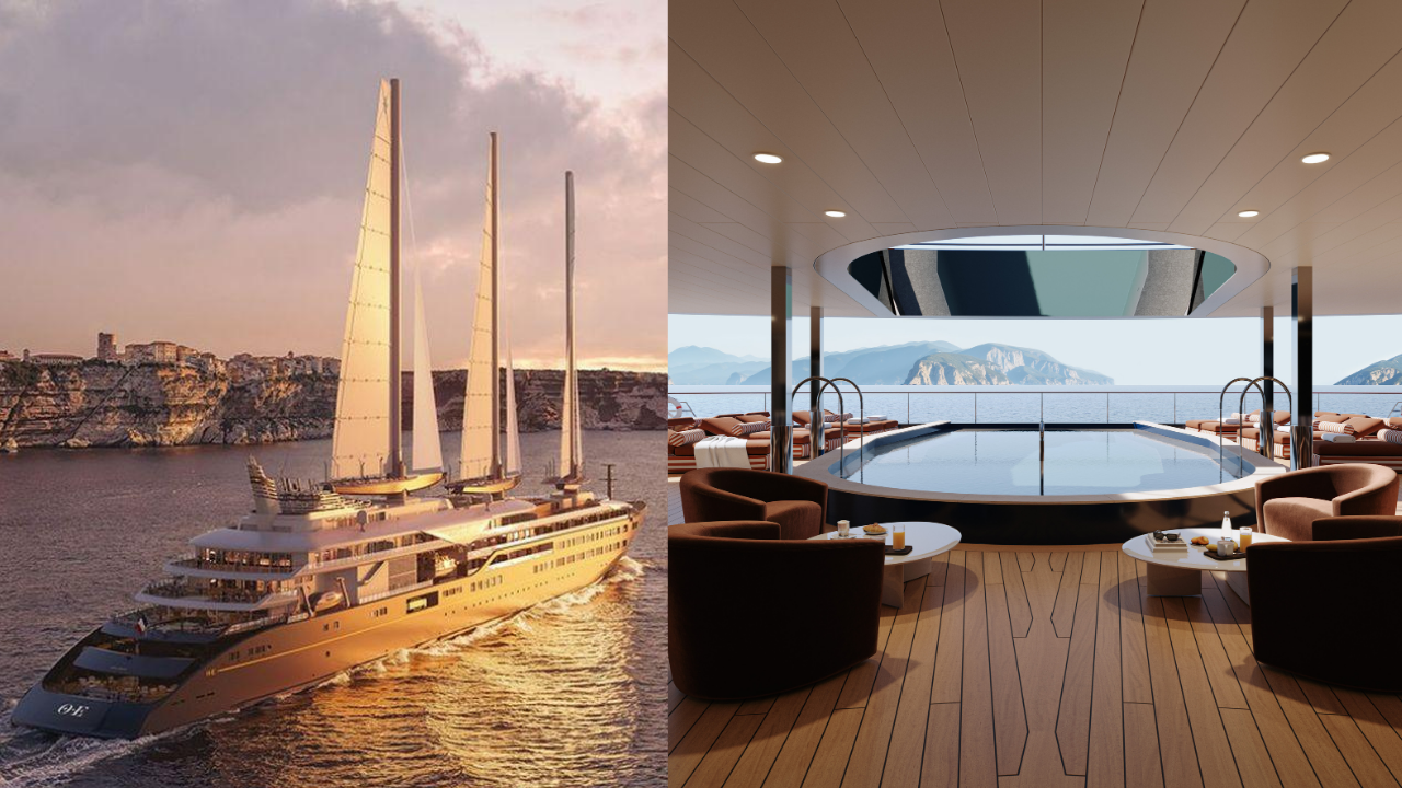 Velero de lujo de gran escala navegando al atardecer junto a la costa y, en contraste, cubierta interior con piscina central, mobiliario contemporáneo y vistas abiertas al mar.