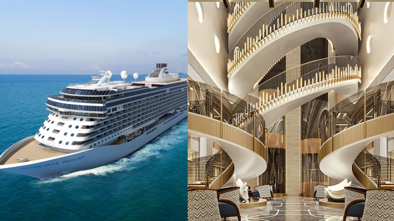 Crucero de lujo navegando en mar abierto y, en contraste, atrio interior de varios niveles con escaleras curvas, barandales dorados e iluminación arquitectónica.