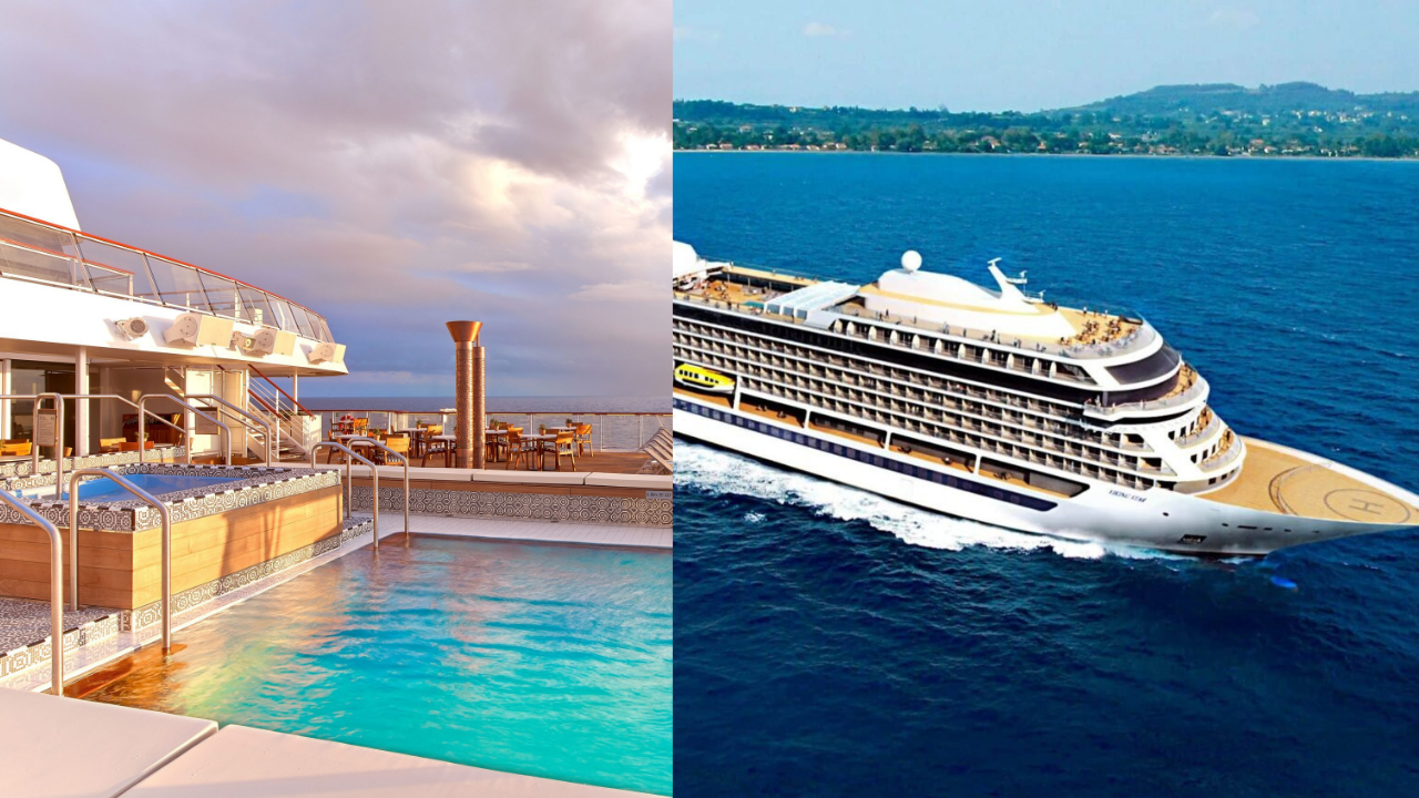Piscina exterior en la cubierta de un crucero de lujo y vista aérea del barco navegando en mar abierto.