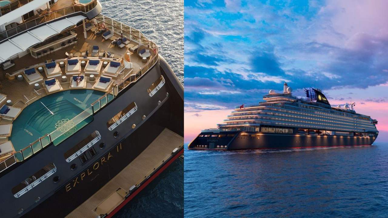 Vista aérea de la piscina y solárium en la popa de un crucero de lujo y, en contraste, el barco navegando al atardecer en mar abierto.