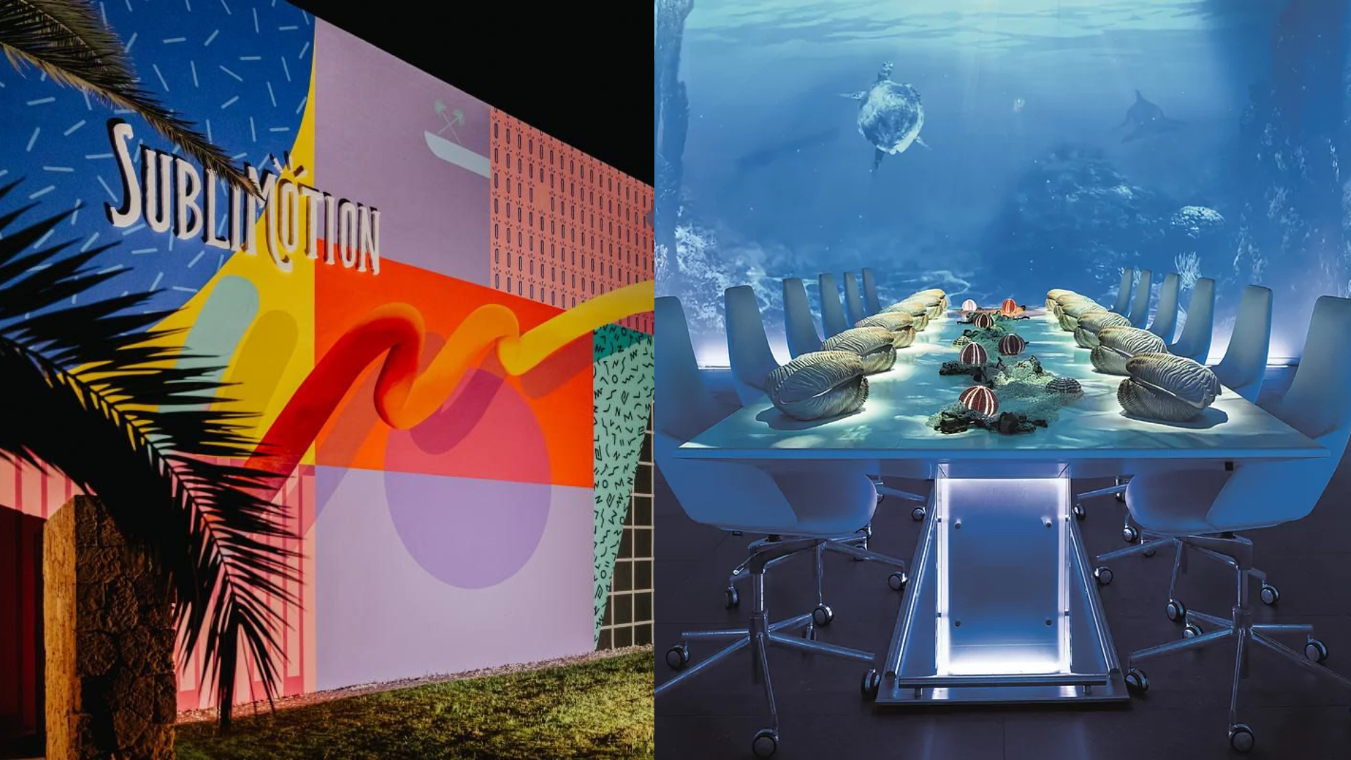 Instalación artística colorida con el nombre “Sublimation” junto a una sala de reuniones submarina con mesa iluminada y vista al océano.