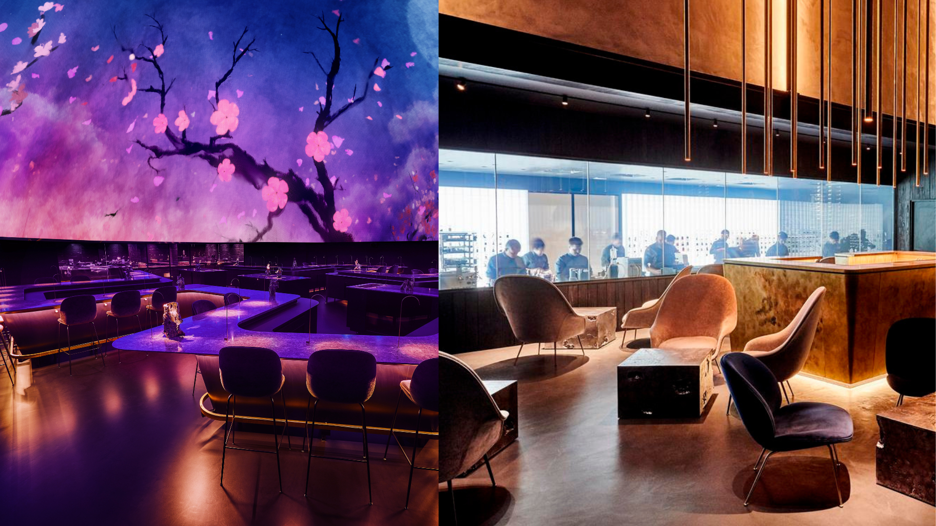 Espacio gastronómico contemporáneo con mesas iluminadas bajo una instalación artística digital y un lounge moderno con barra y diseño minimalista.