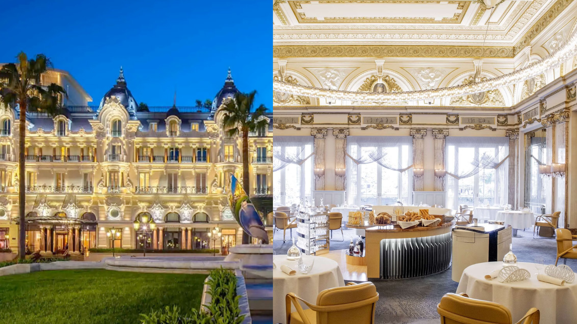 Fachada iluminada de un hotel histórico de estilo Belle Époque junto a un elegante salón gastronómico de lujo con mesas redondas y decoración clásica.