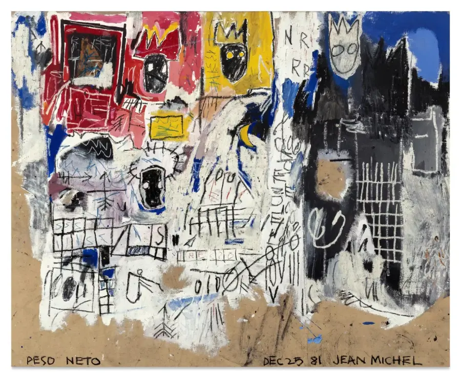 Obra de estilo neoexpresionista con figuras coronadas, símbolos, palabras tachadas y trazos gestuales en una composición caótica característica de Jean-Michel Basquiat.