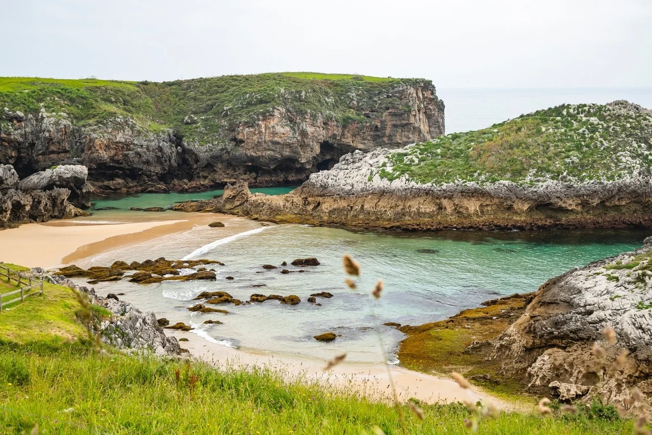 Cala de aguas tranquilas y arena clara rodeada de acantilados rocosos y vegetación verde en un entorno natural.
