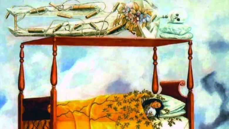 Pintura surrealista que muestra a una mujer dormida en una cama, mientras sobre ella flota un esqueleto con explosivos y flores, obra de Frida Kahlo.