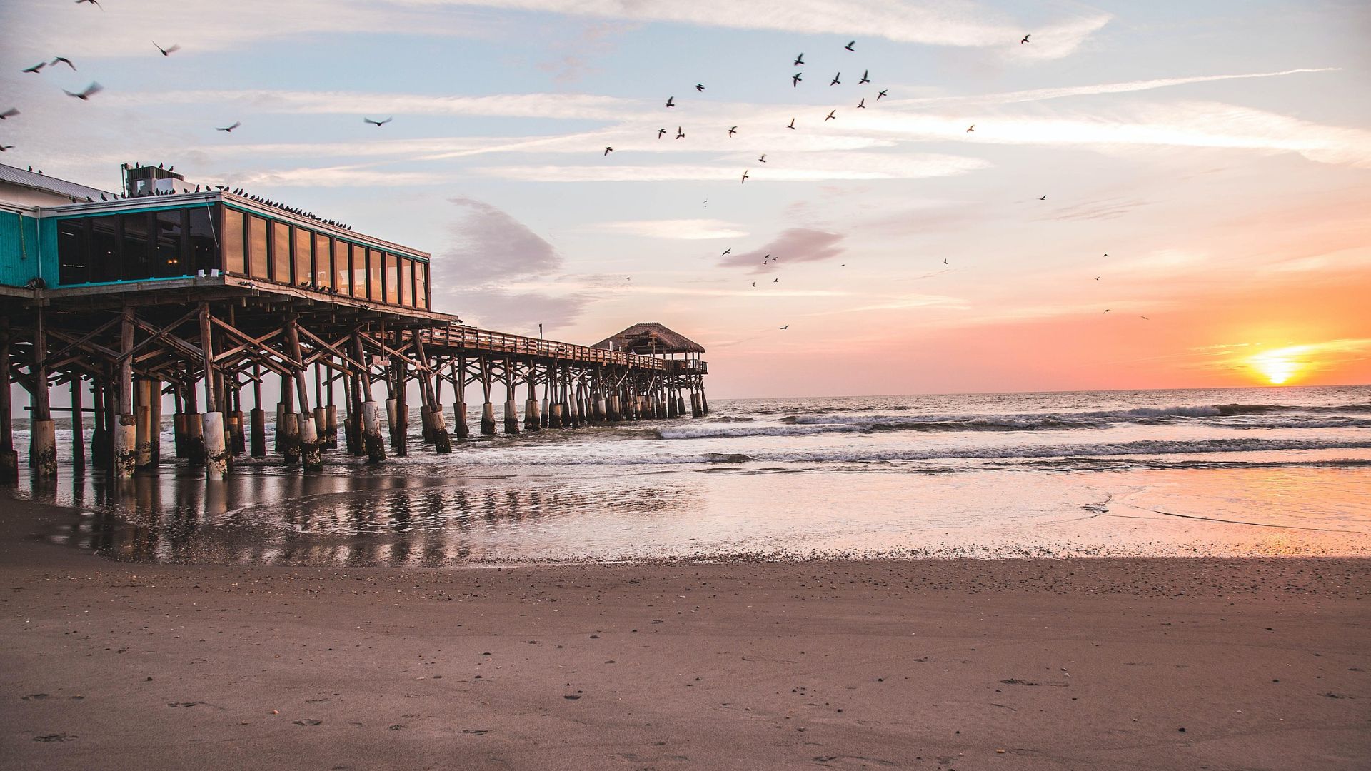 Un muelle de madera sobre el agua al atardecer, con aves volando y el sol poniéndose en el horizonte.