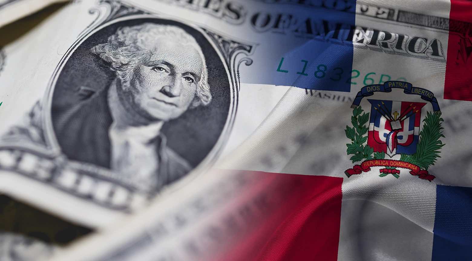 Imagen del dólar estadounidense superpuesto con la bandera de la República Dominicana, representando la relación cambiaria entre ambas monedas.