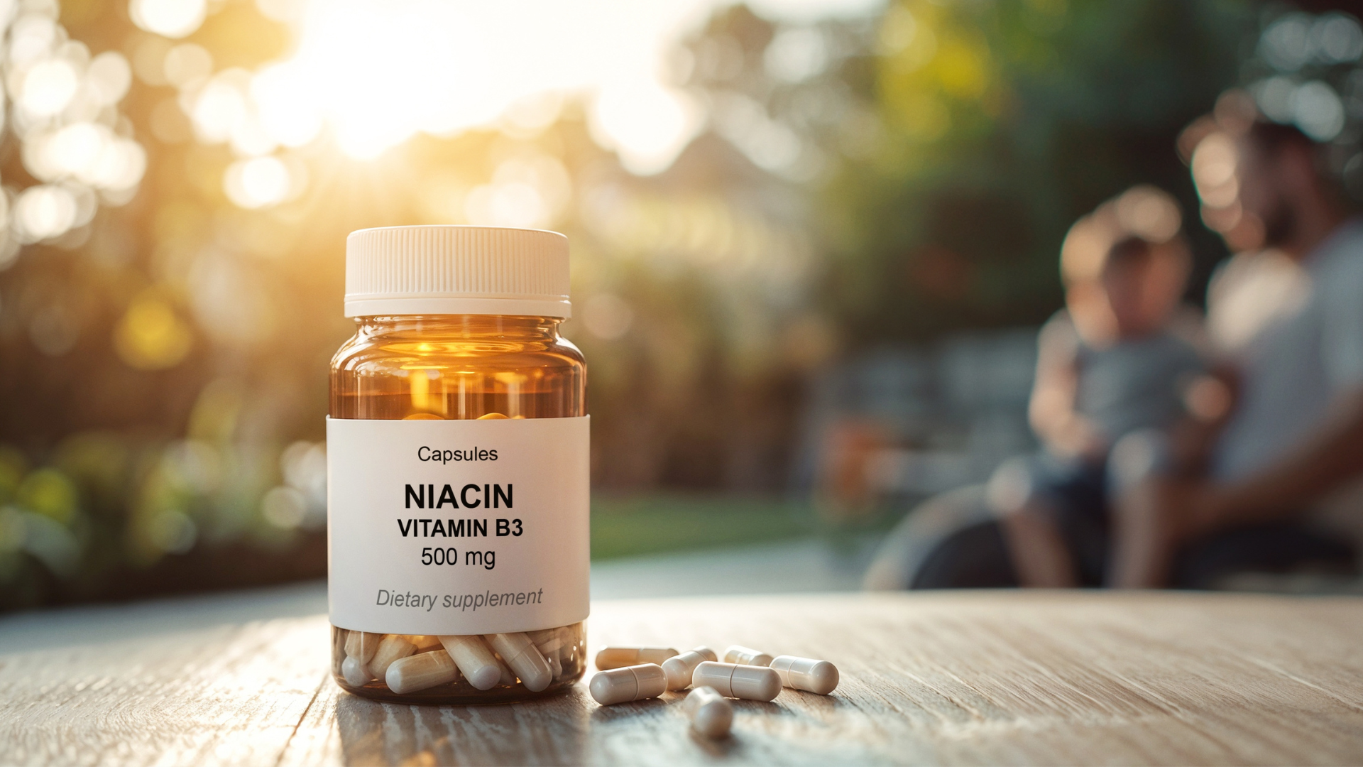 Frasco de suplemento de niacina (vitamina B3) de 500 mg sobre una mesa, con cápsulas alrededor y fondo desenfocado al aire libre.