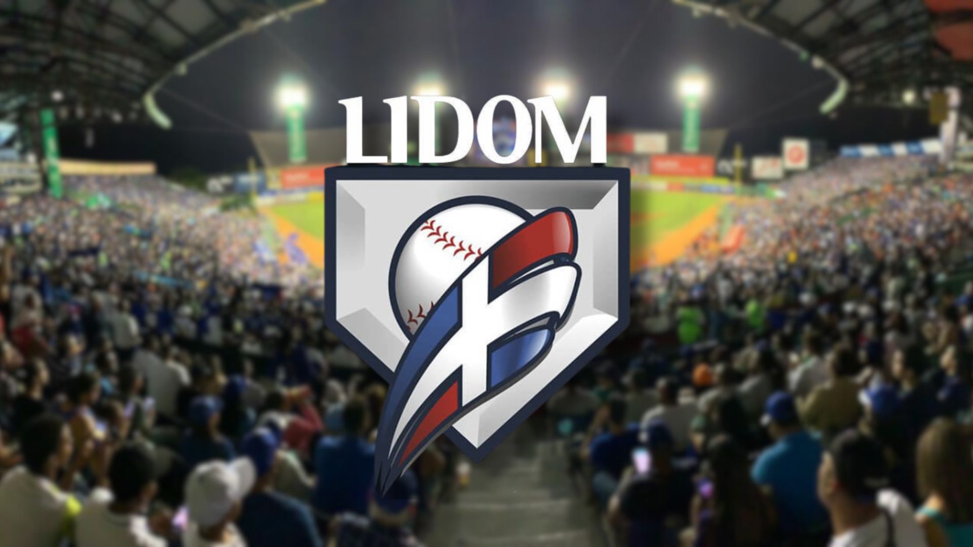 Logo de LIDOM sobre un estadio de béisbol lleno de aficionados.