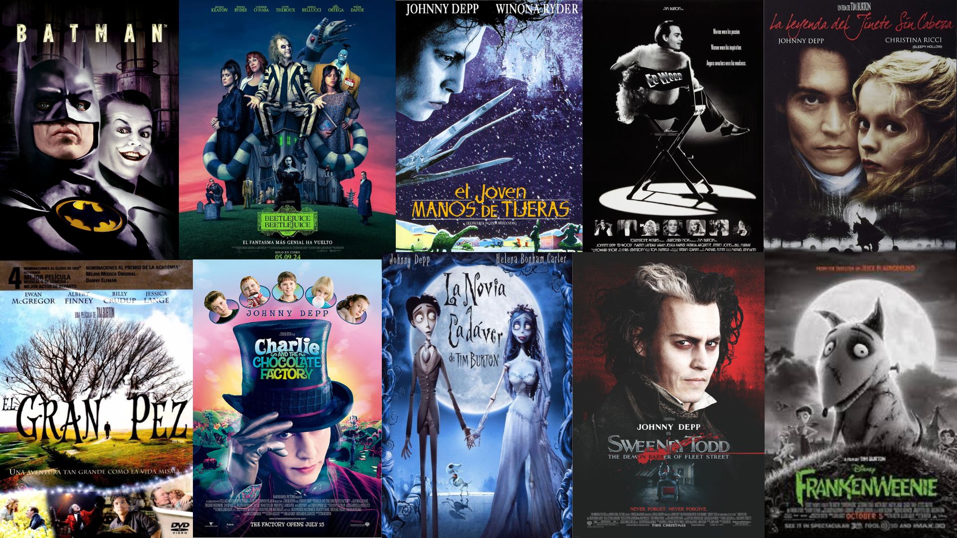 Collage con carteles de varias películas dirigidas por Tim Burton.