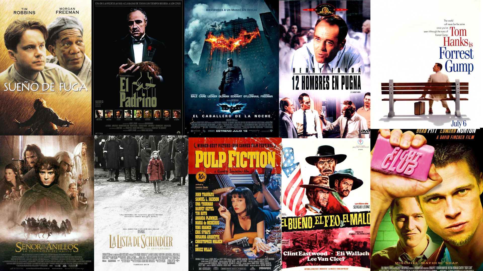 La imagen es un collage con pósters de películas consideradas entre las mejores de la historia según el público de IMDb. Aparecen producciones muy reconocidas de distintos géneros y épocas.