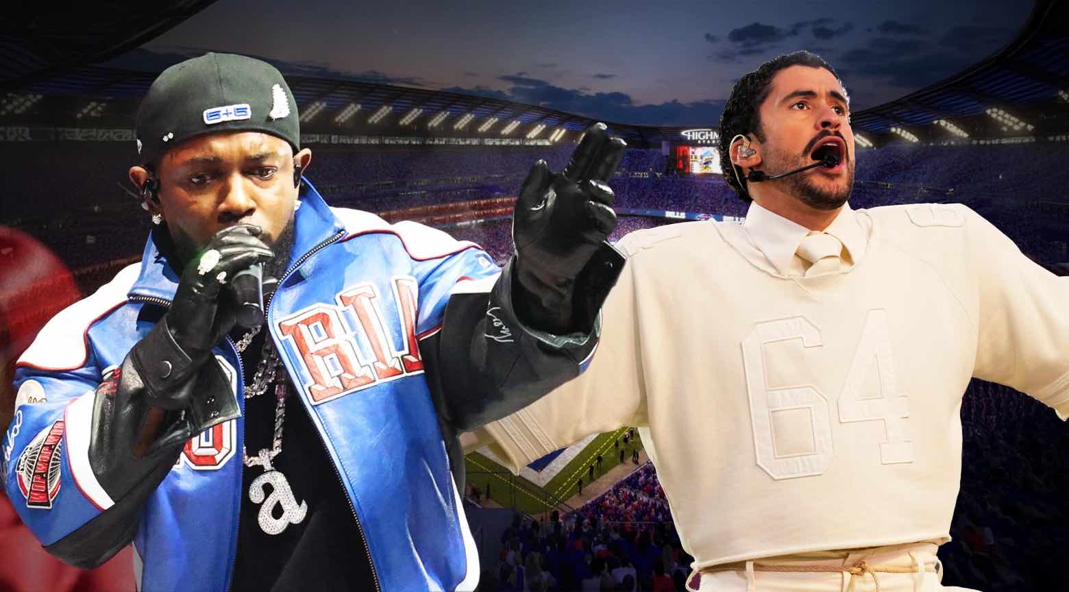 Bad Bunny y Kendrick Lamar durante presentaciones en el Super Bowl LX en un estadio lleno.