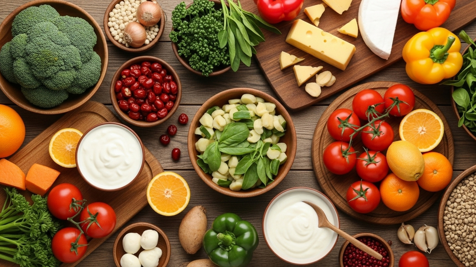 Alimentos frescos y variados como frutas, verduras, lácteos, legumbres y frutos secos dispuestos sobre una mesa de madera.