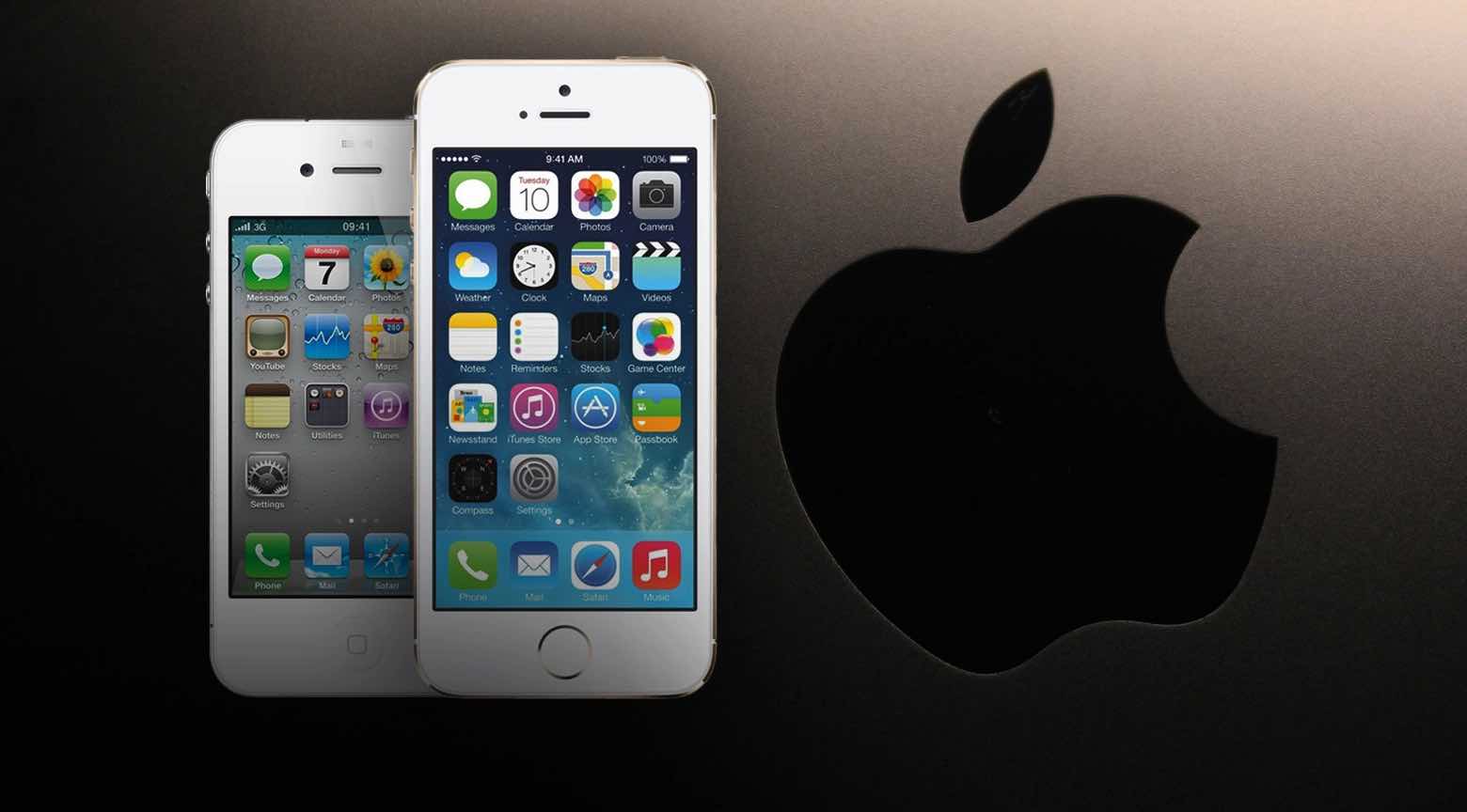 iPhone 4S y iPhone 5 en primer plano, con el logo de Apple al fondo, destacando la evolución de la marca.