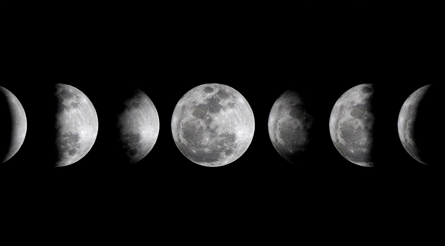 Fases de la luna, desde la luna nueva hasta la luna llena, sobre un fondo oscuro.