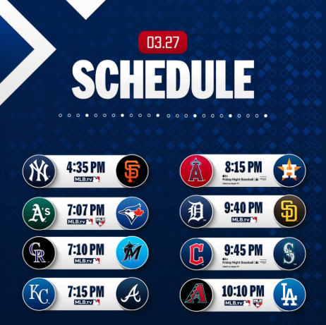 Calendario de juegos de la MLB para el 27 de marzo con horarios y enfrentamientos entre equipos.