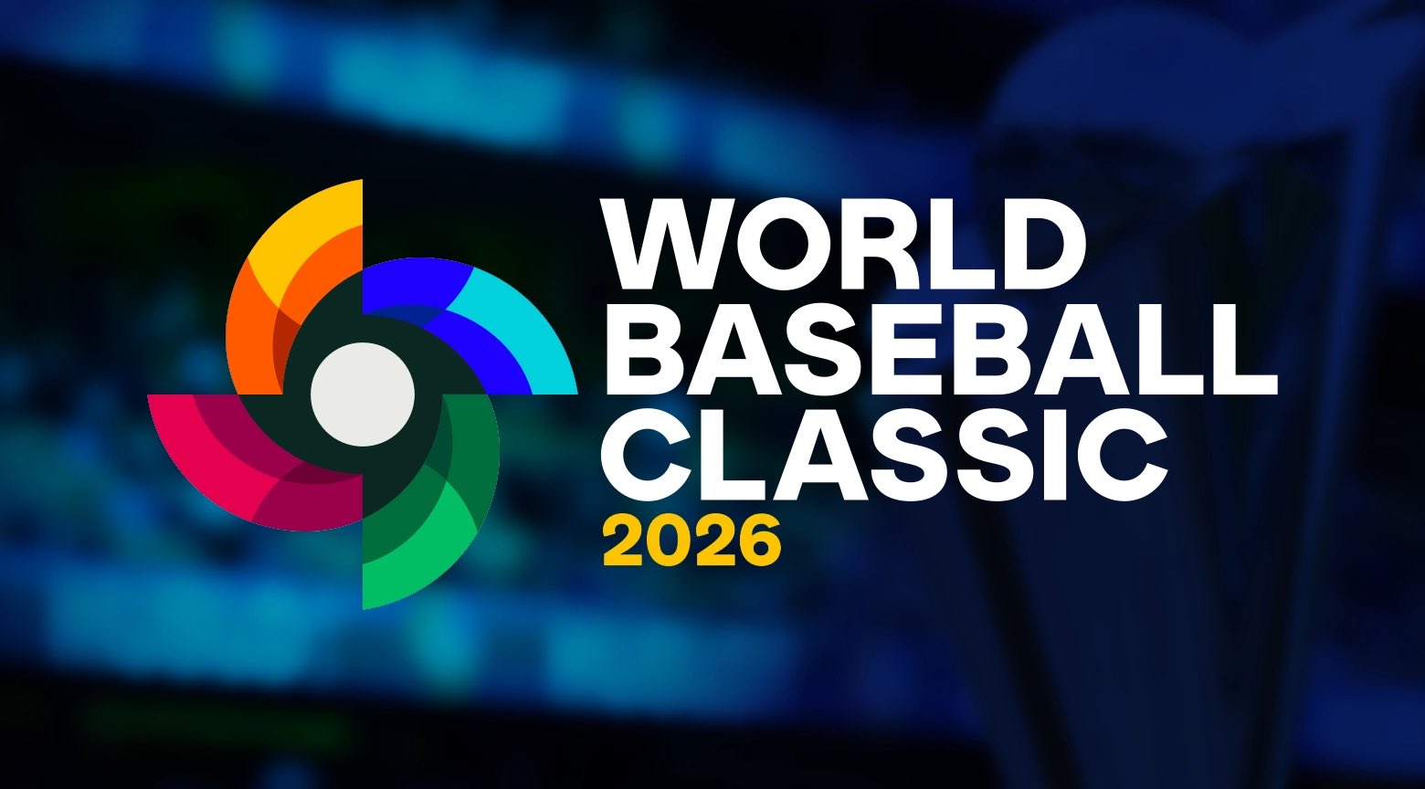 Logo oficial del World Baseball Classic 2026 sobre fondo de estadio.