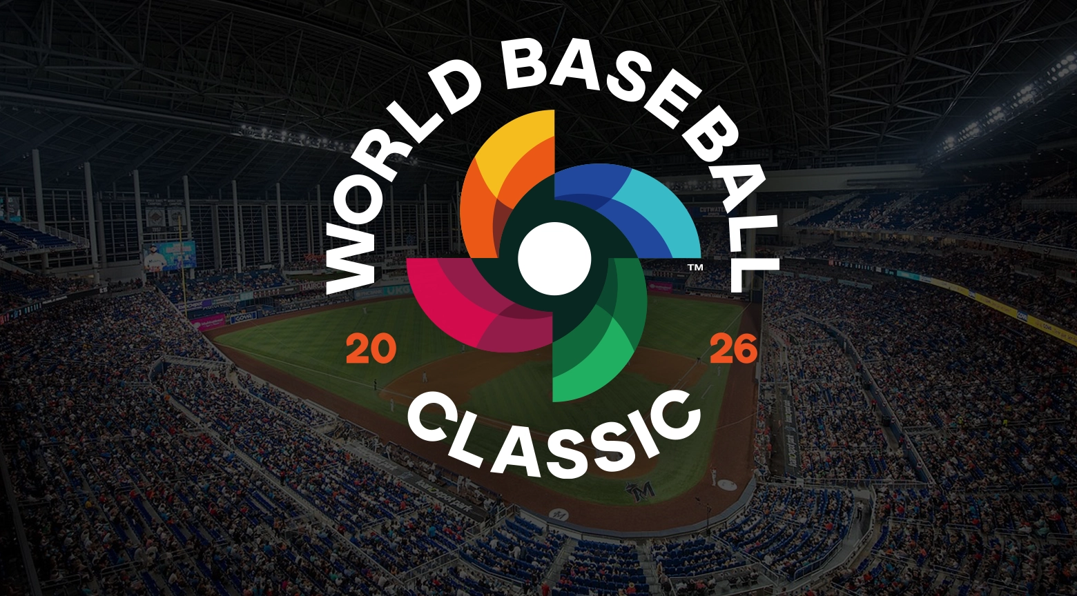 Logotipo del Clásico Mundial de Béisbol 2026 sobre un estadio lleno.