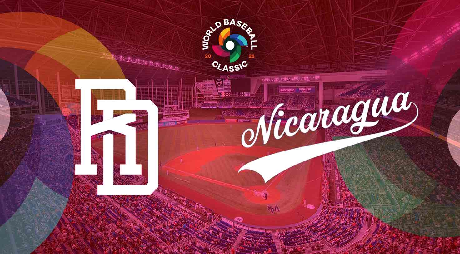 Logo del Clásico Mundial de Béisbol 2026 con los equipos de República Dominicana y Nicaragua en el fondo de un estadio de béisbol.
