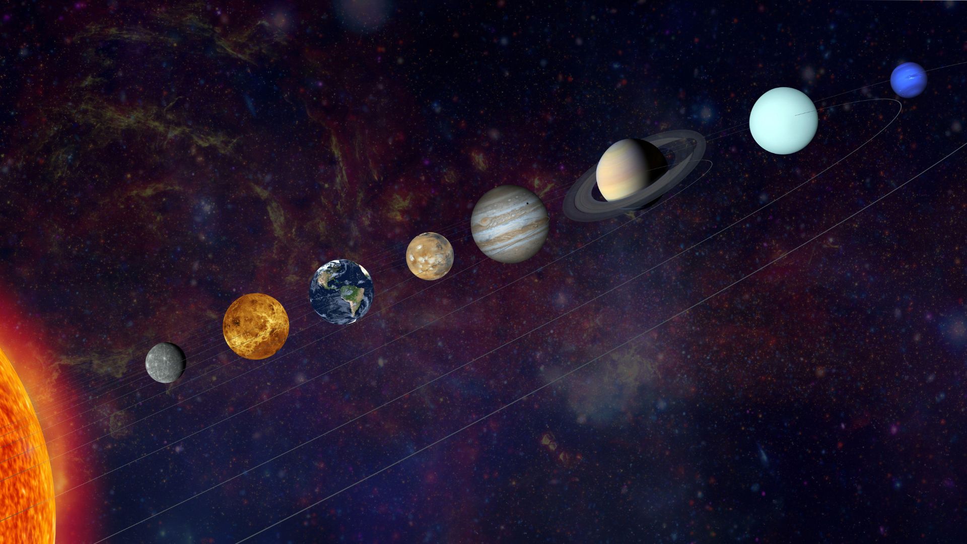 Ilustración del sistema solar con los planetas alineados.