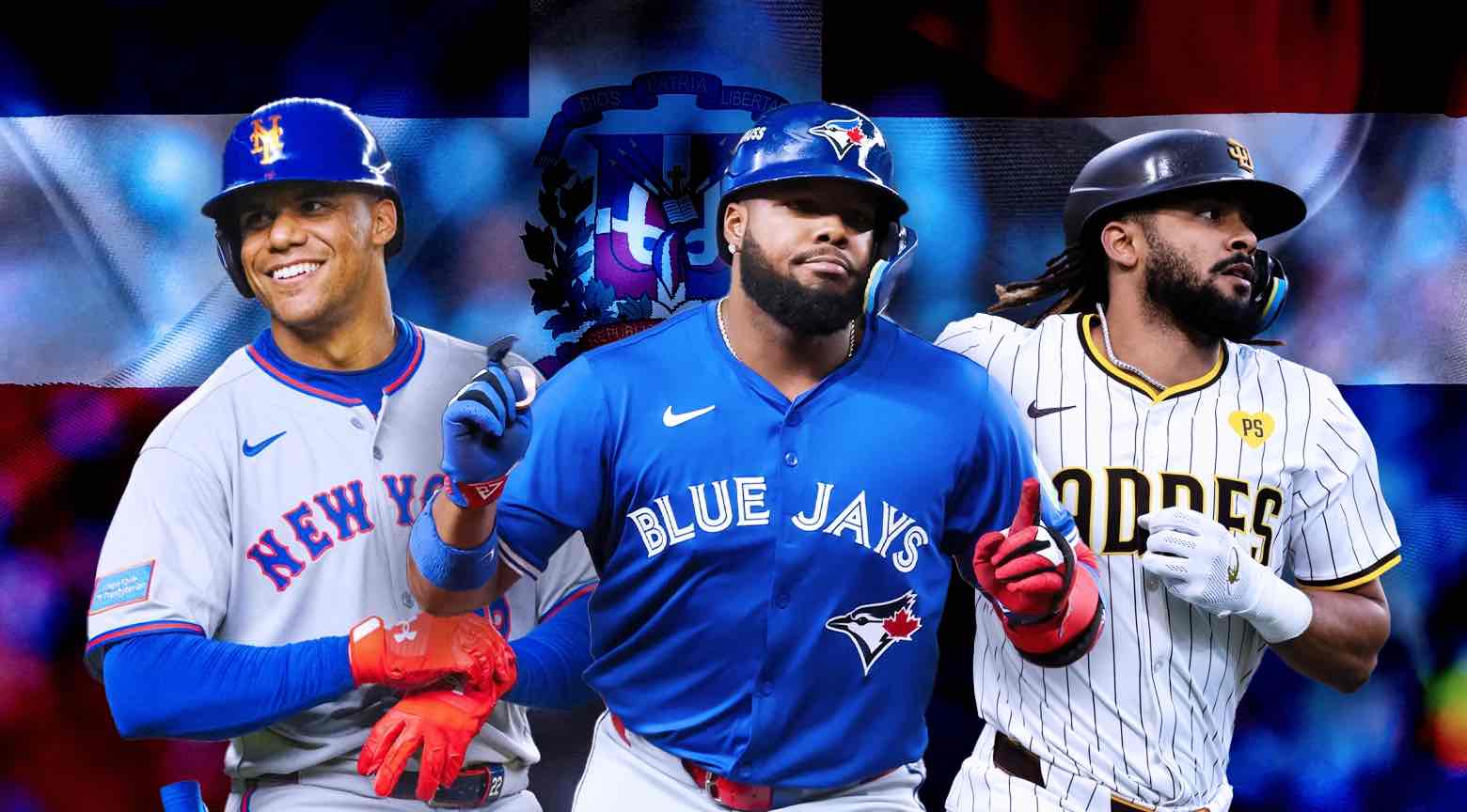 Tres jugadores dominicanos de MLB con uniformes de Mets, Blue Jays y Padres sobre bandera de República Dominicana.