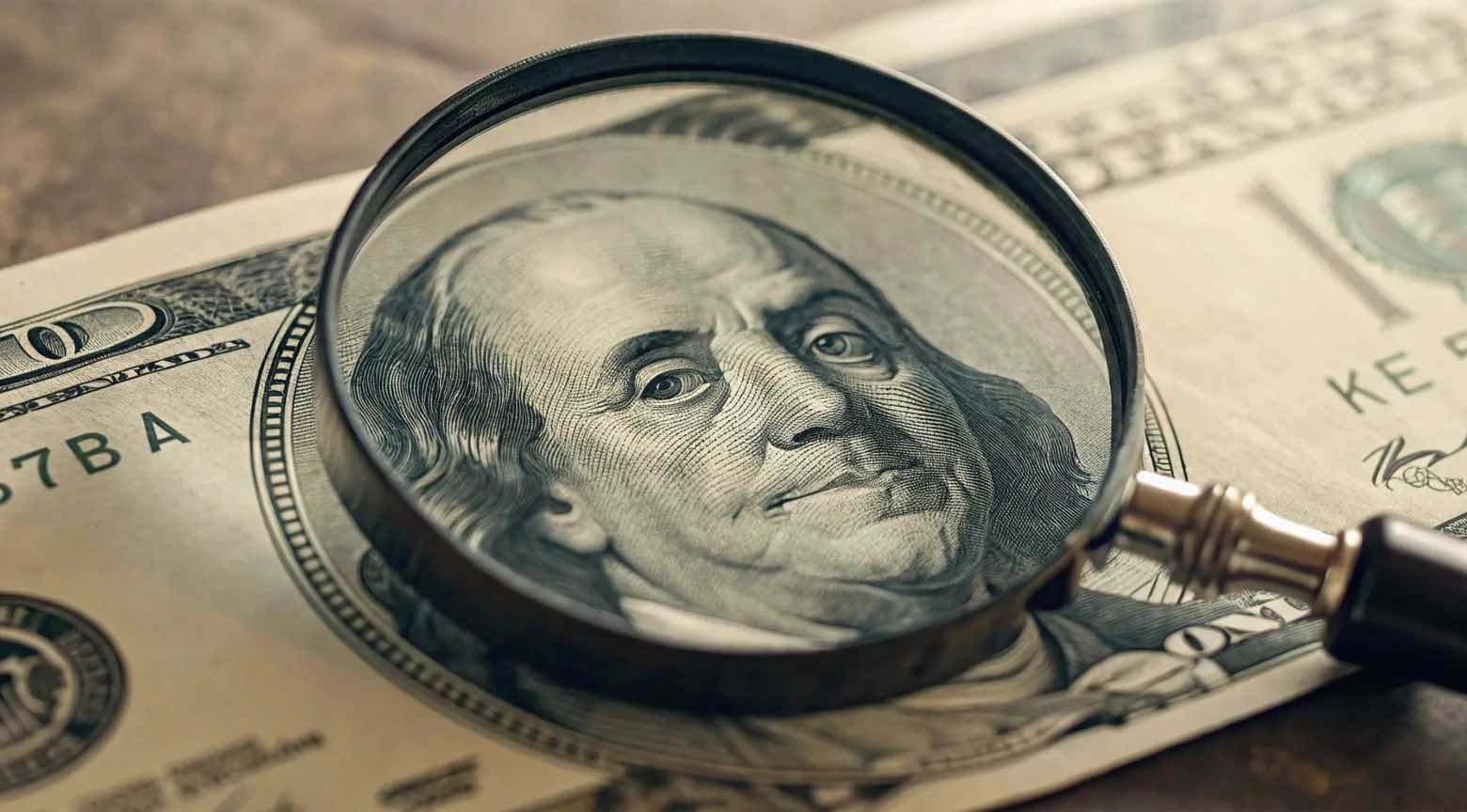Lupa sobre un billete de 100 dólares enfocando el rostro de Benjamin Franklin.