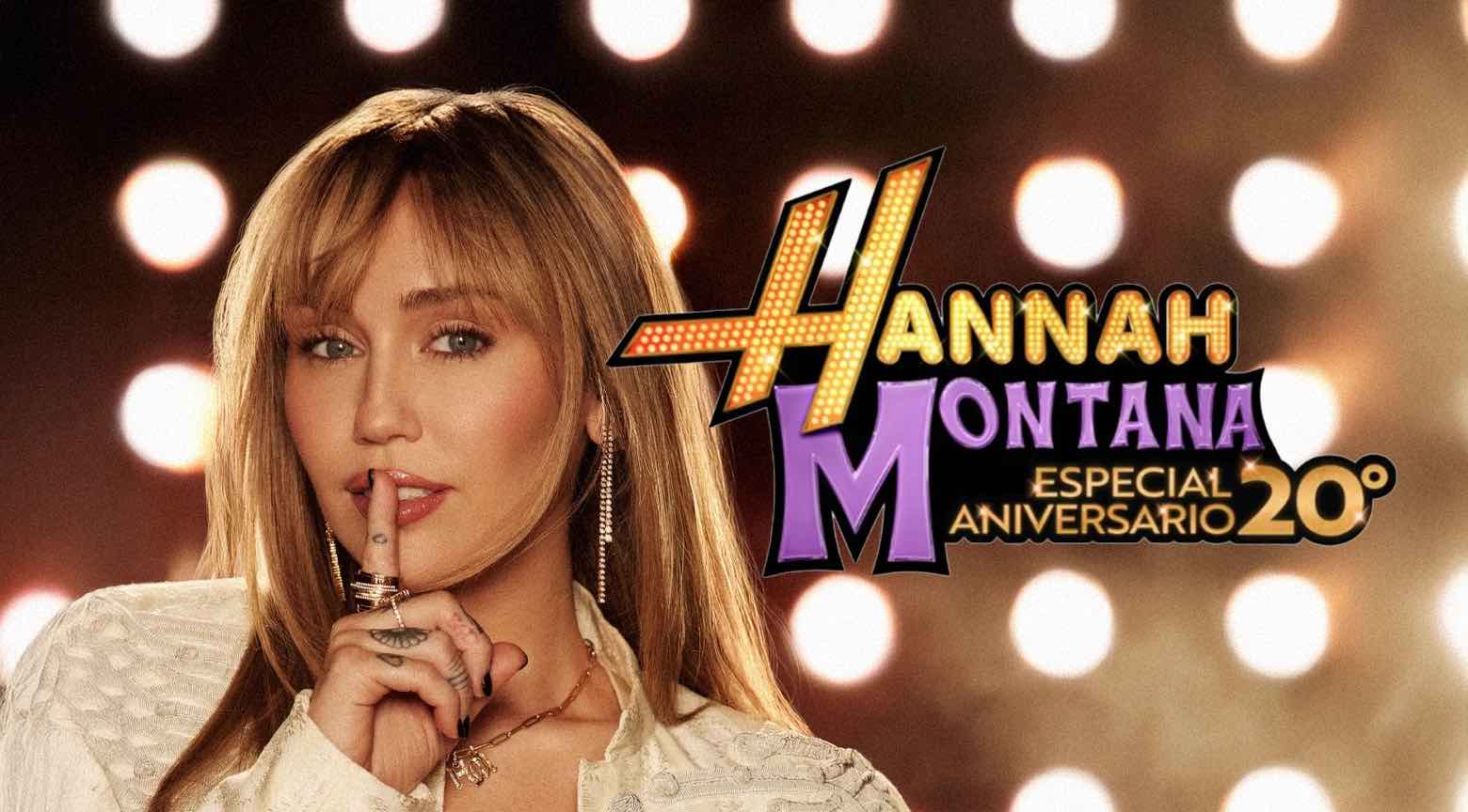 Imagen promocional de Hannah Montana por su 20 aniversario, con una joven caracterizada como el personaje frente a luces de escenario.