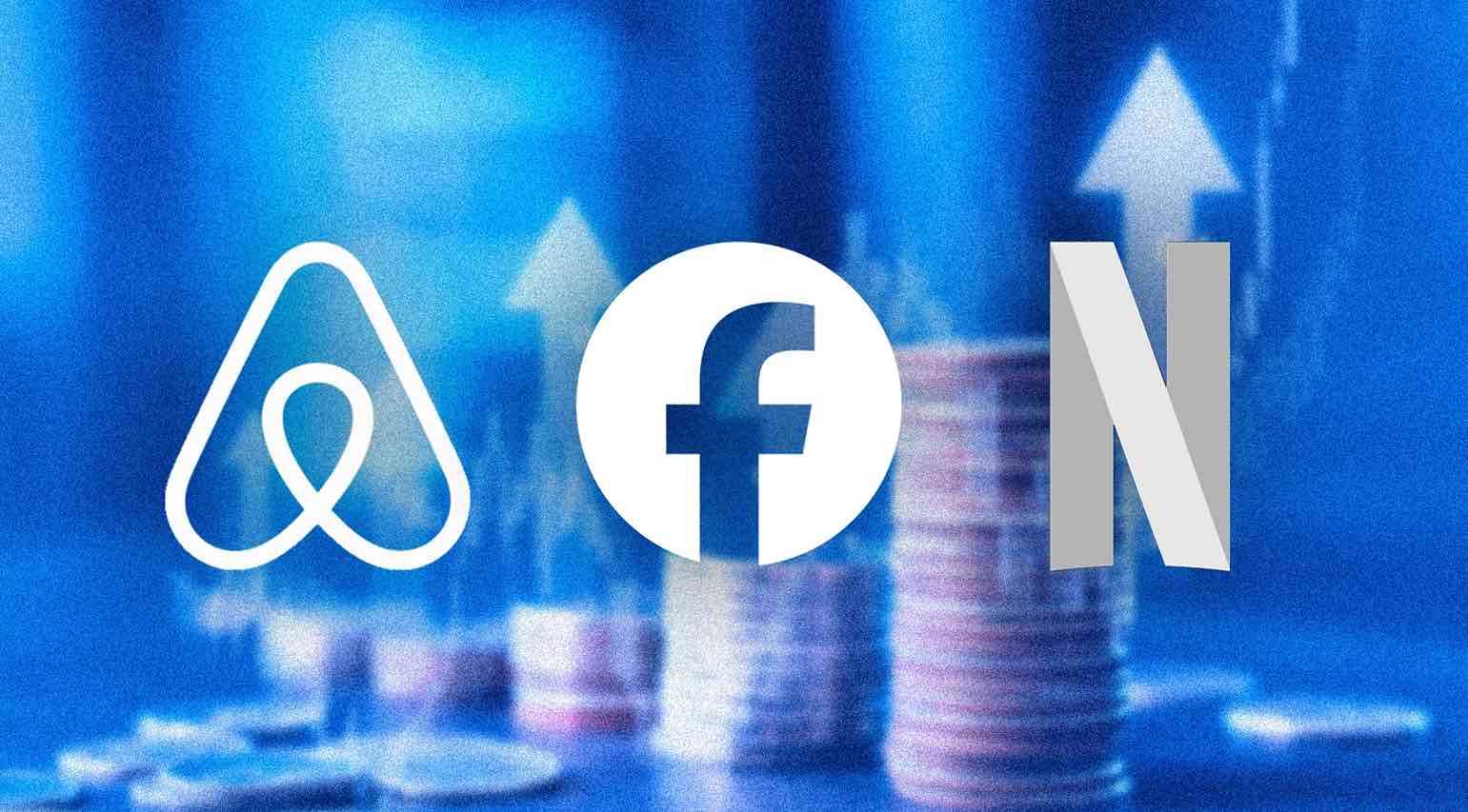 Logos de Airbnb, Facebook y Netflix sobre un fondo de gráficos financieros con flechas ascendentes.
