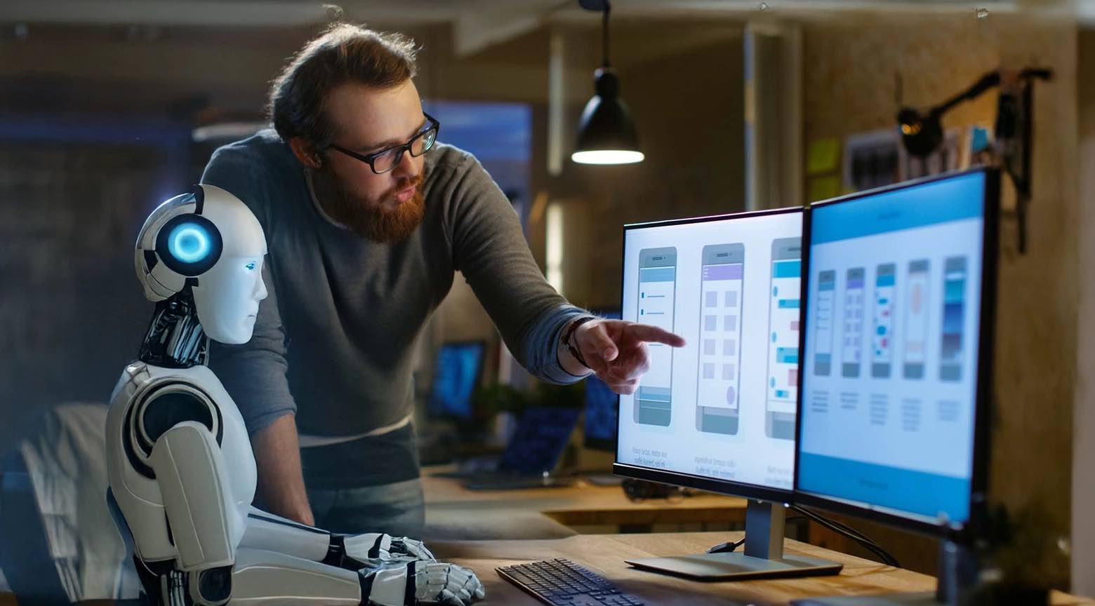 Un humano y un robot observando una pantalla con interfaces de aplicaciones móviles, en un entorno de trabajo.