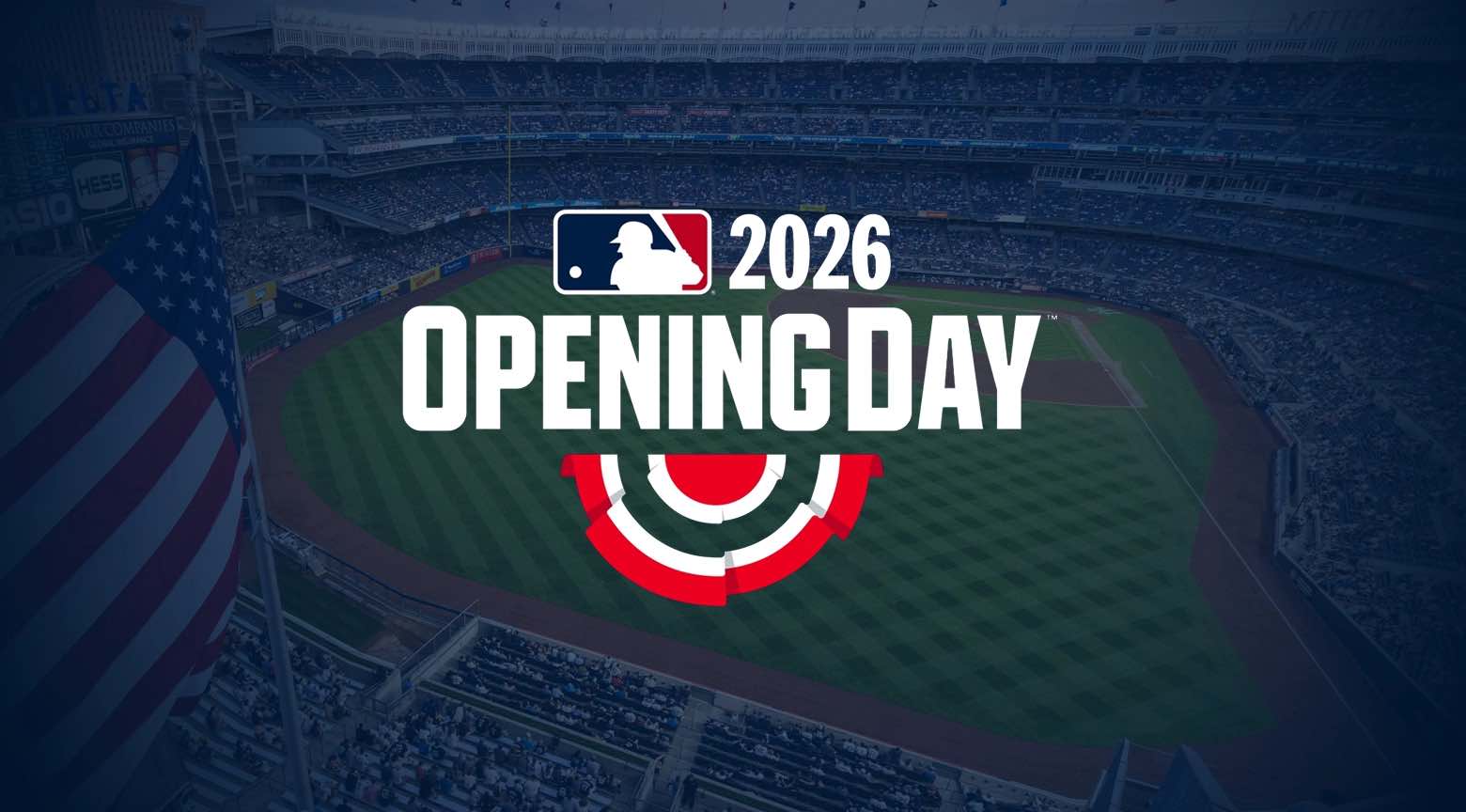 Estadio de béisbol lleno de aficionados con el logo de MLB y el texto “Opening Day 2026” en el centro.