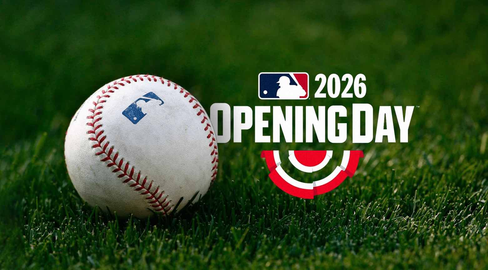 Pelota de béisbol sobre césped con el logo de MLB y el texto “Opening Day 2026”.