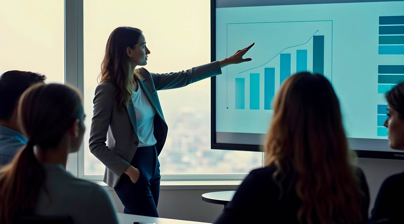 Ejecutiva presenta gráficos de crecimiento en una reunión corporativa ante un equipo de trabajo.