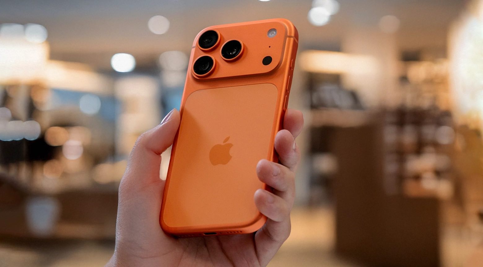 Persona sosteniendo un iPhone de color naranja con triple cámara en la parte trasera.