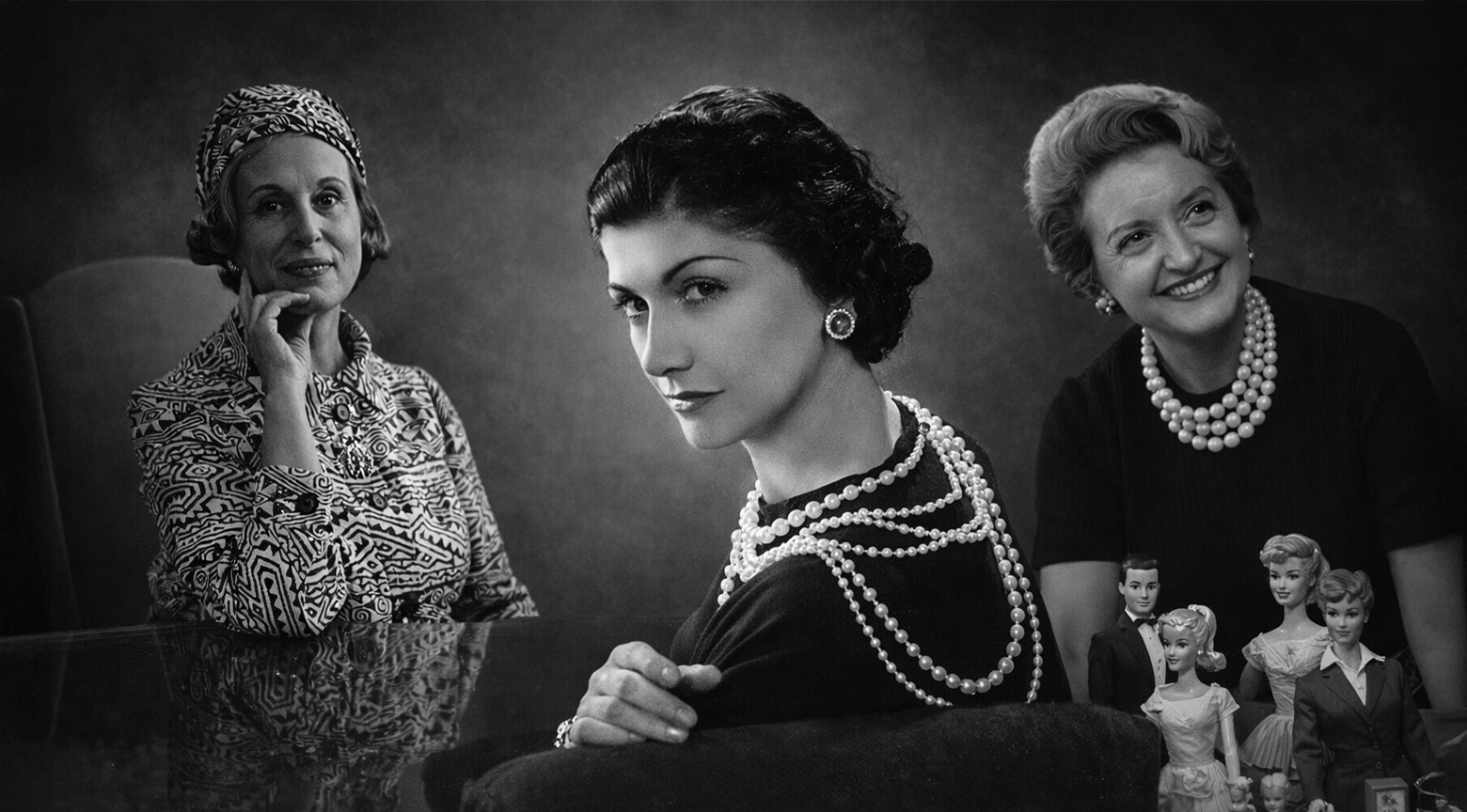 Retrato en blanco y negro de tres mujeres influyentes en la historia de la moda y los juguetes.