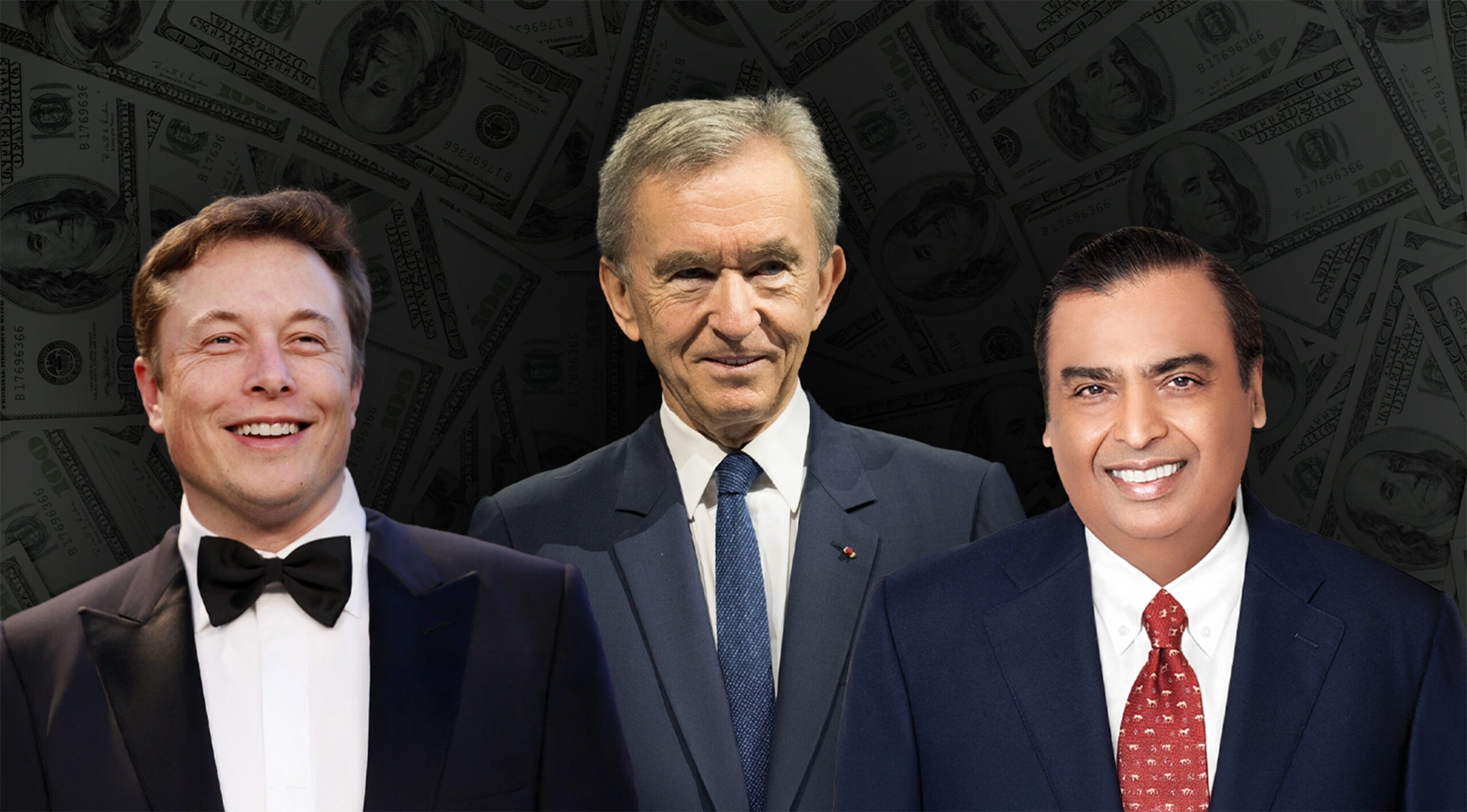 Retrato de tres personas adineradas del mundo: Elon Musk, Bernard Arnault y Mukesh Ambani, con billetes de dólar de fondo.