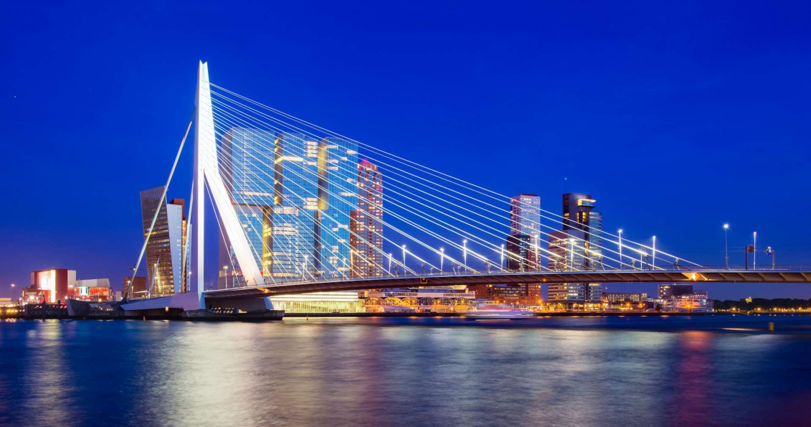 Puente iluminado en Rotterdam, Países Bajos, con el horizonte urbano de la ciudad al fondo.