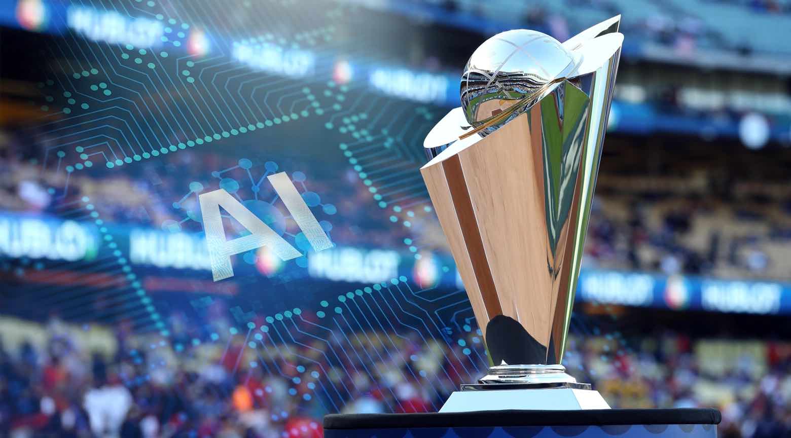 Trofeo del World Baseball Classic con gráfico de inteligencia artificial en un estadio de béisbol.