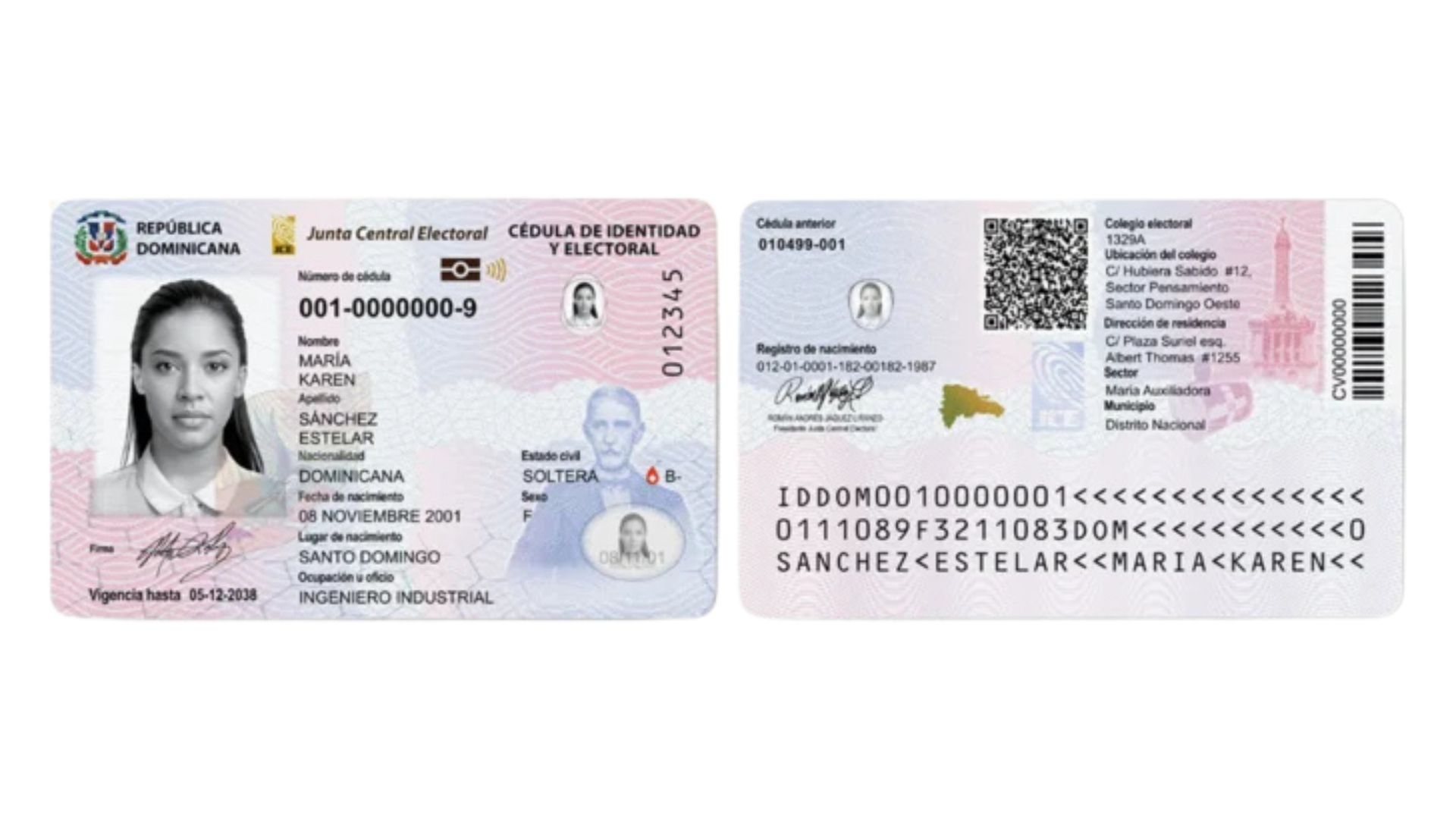 Cédula dominicana estándar con datos personales y código QR en el reverso.