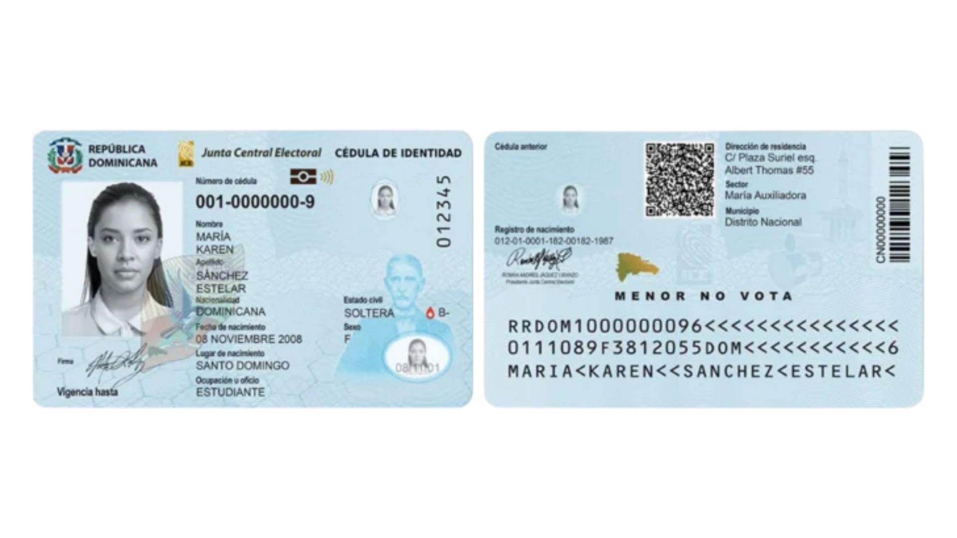 Cédula dominicana para menores de edad con indicación de que no pueden votar.