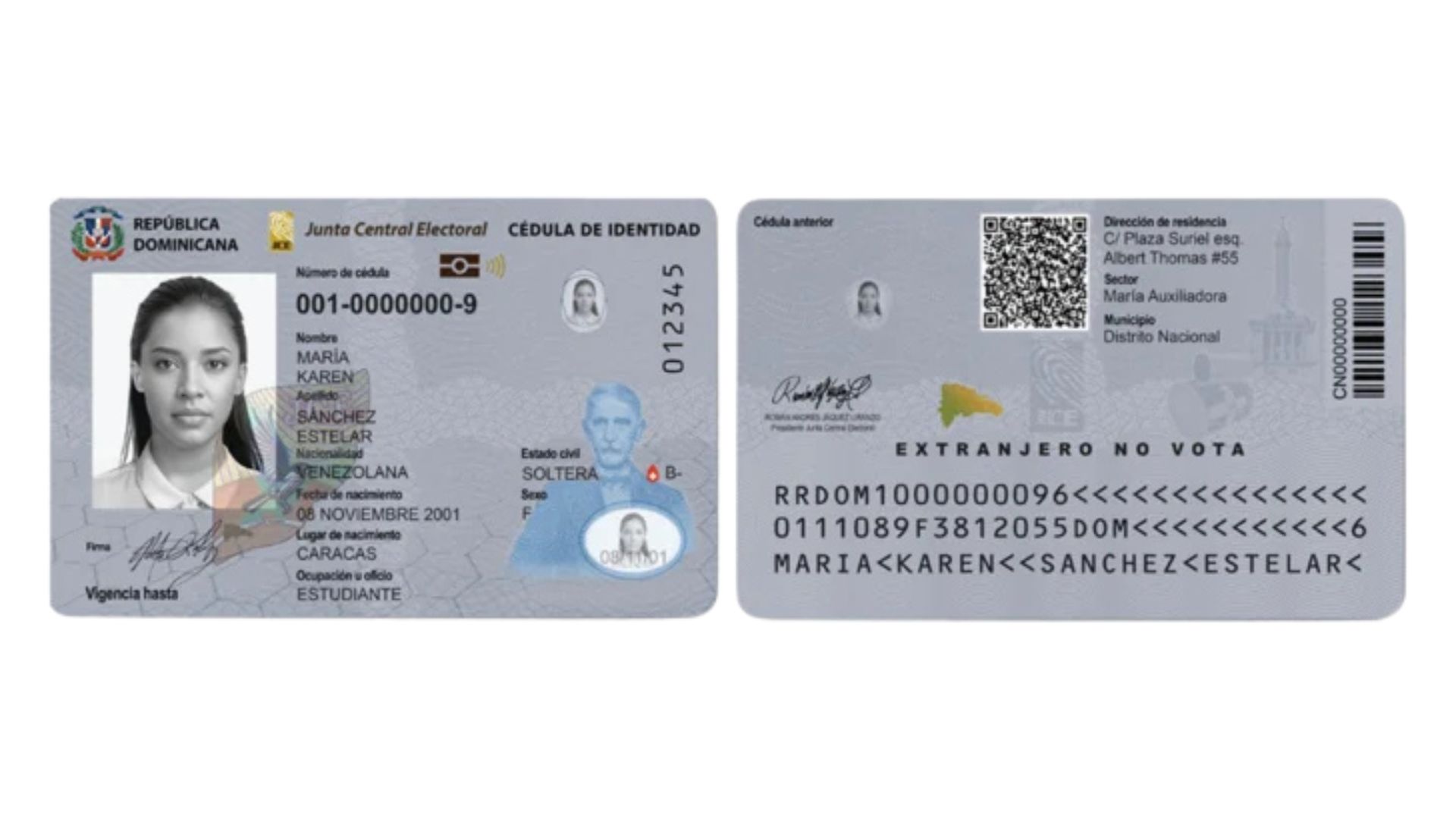 Cédula dominicana para extranjero con indicación de que no puede votar.