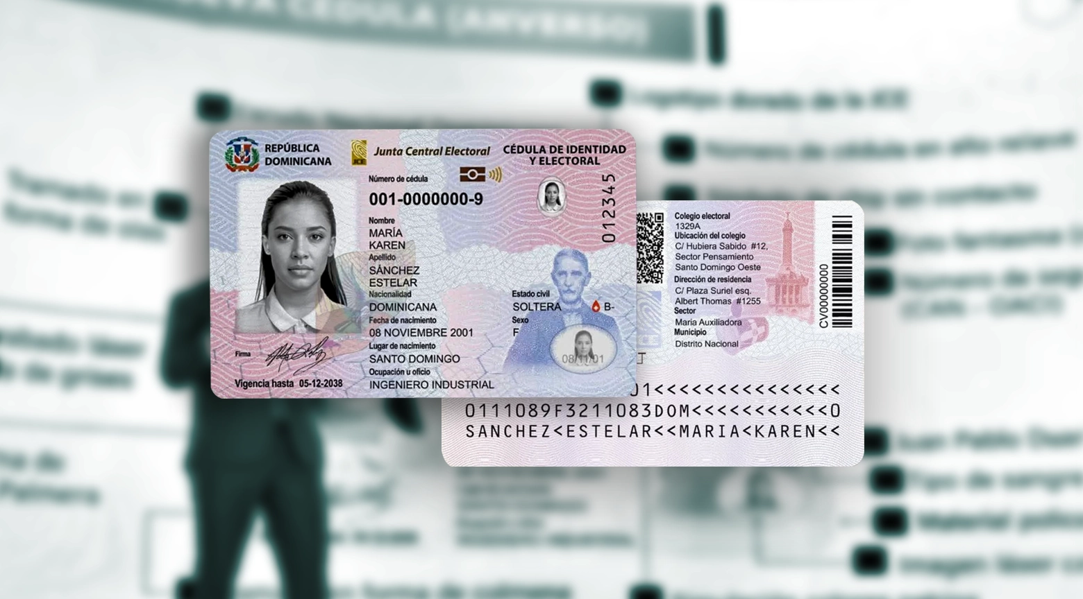 Cédula de identidad y electoral de la República Dominicana con foto de la persona, número de cédula, y otros detalles importantes.