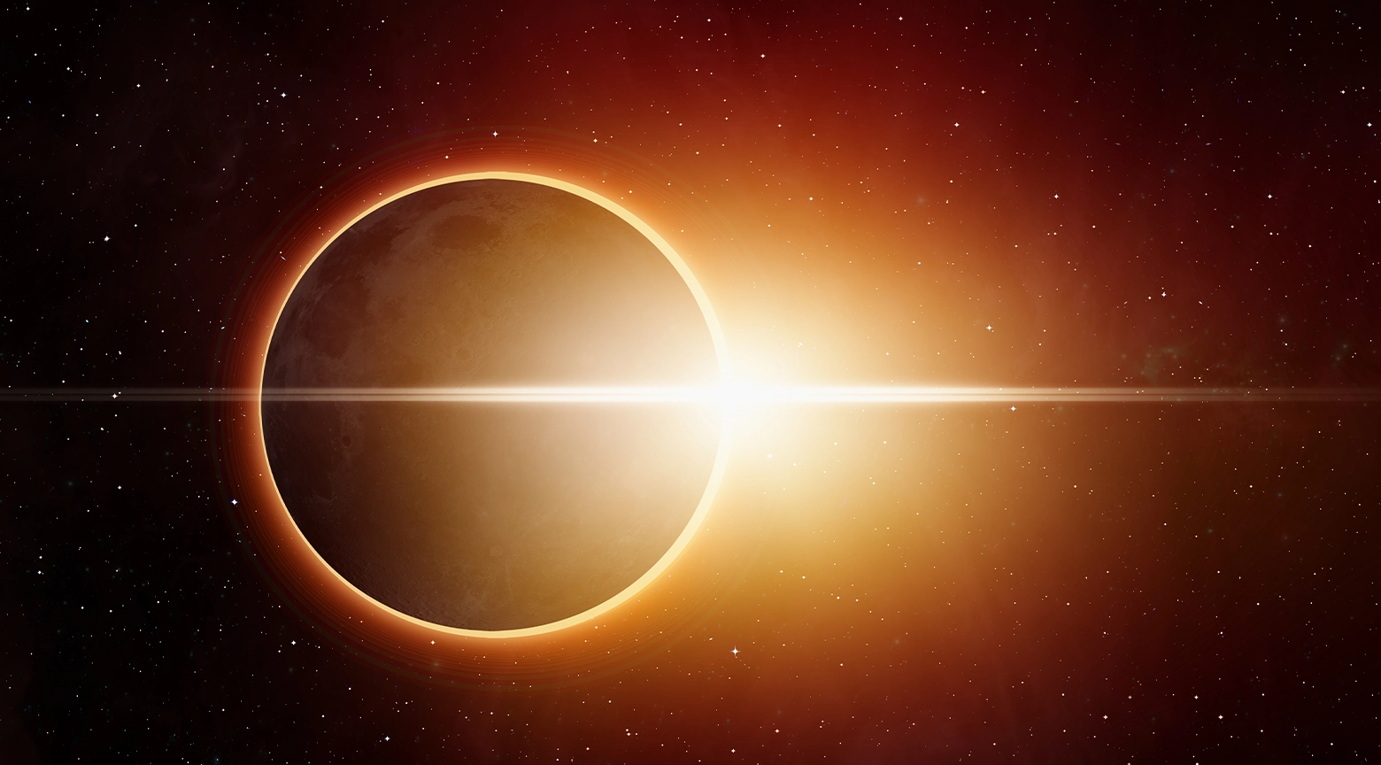Una imagen de un eclipse solar donde el sol está parcialmente bloqueado por un planeta en el espacio.