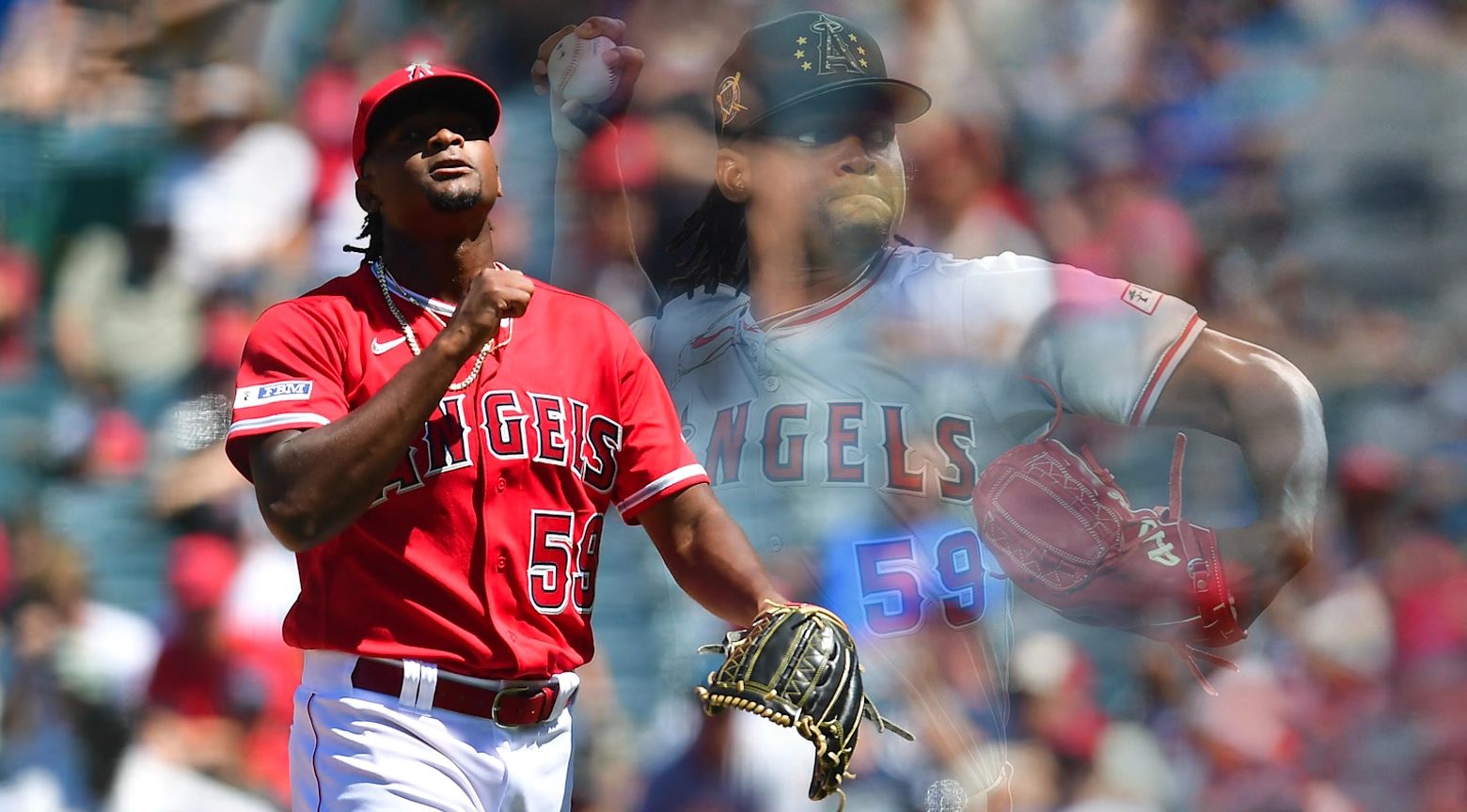 Jugador de béisbol de los Angeles Angels lanzando la pelota en un juego.