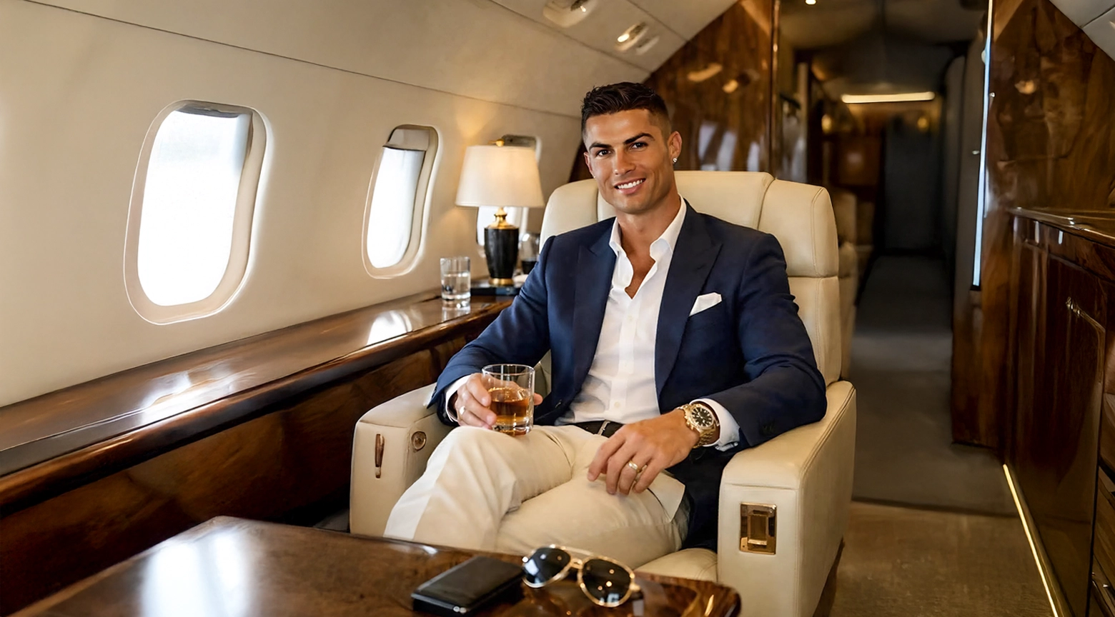 Hombre elegante sentado en el interior de un jet privado con una bebida en la mano.